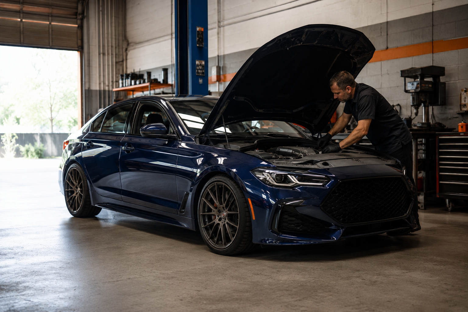 Mechanic inspecting a car in a clean independent repair shop